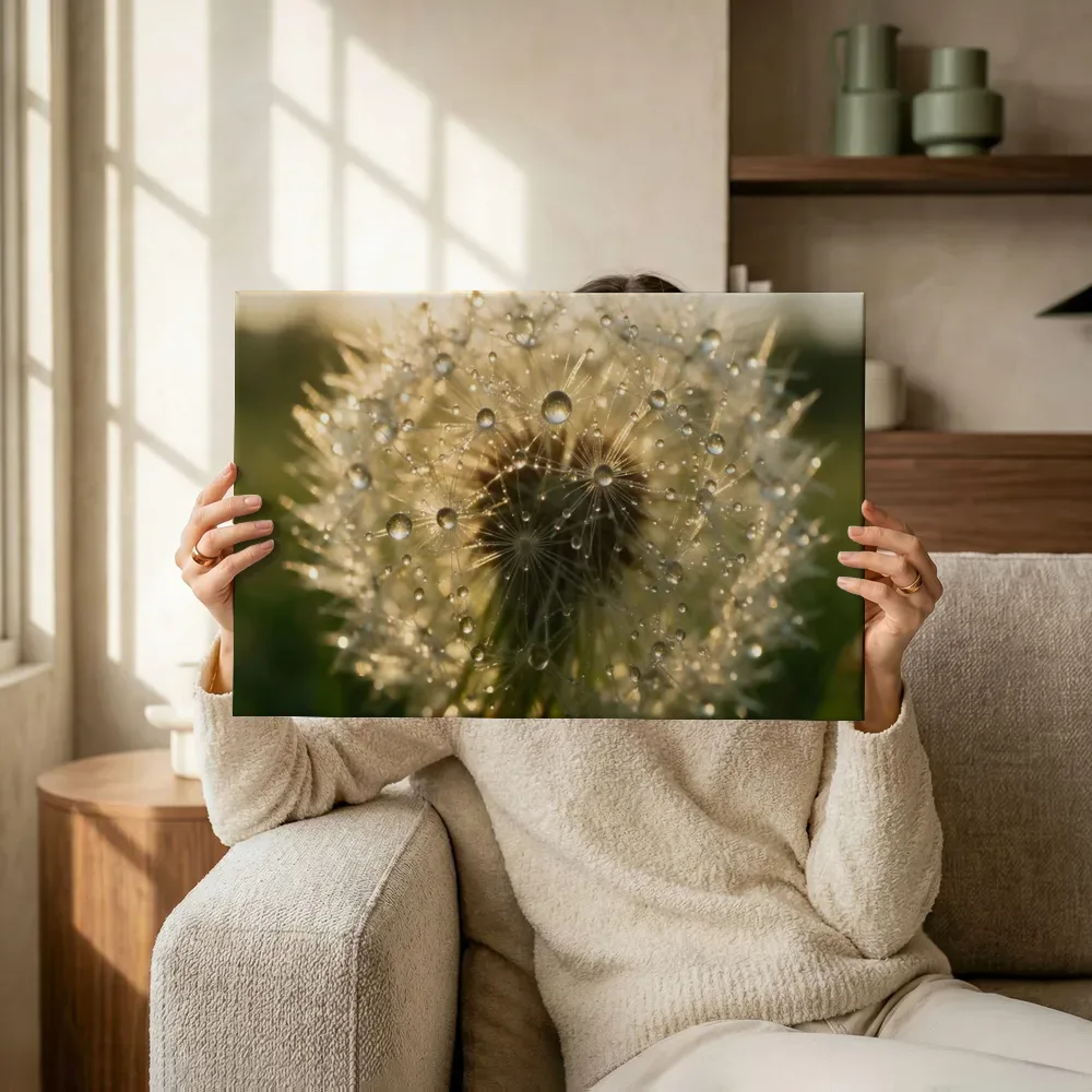 Sfeerimpressie: Paardenbloem in dauw, gouden gloed, gouden veld 2 terwijl het omhoog wordt gehouden
