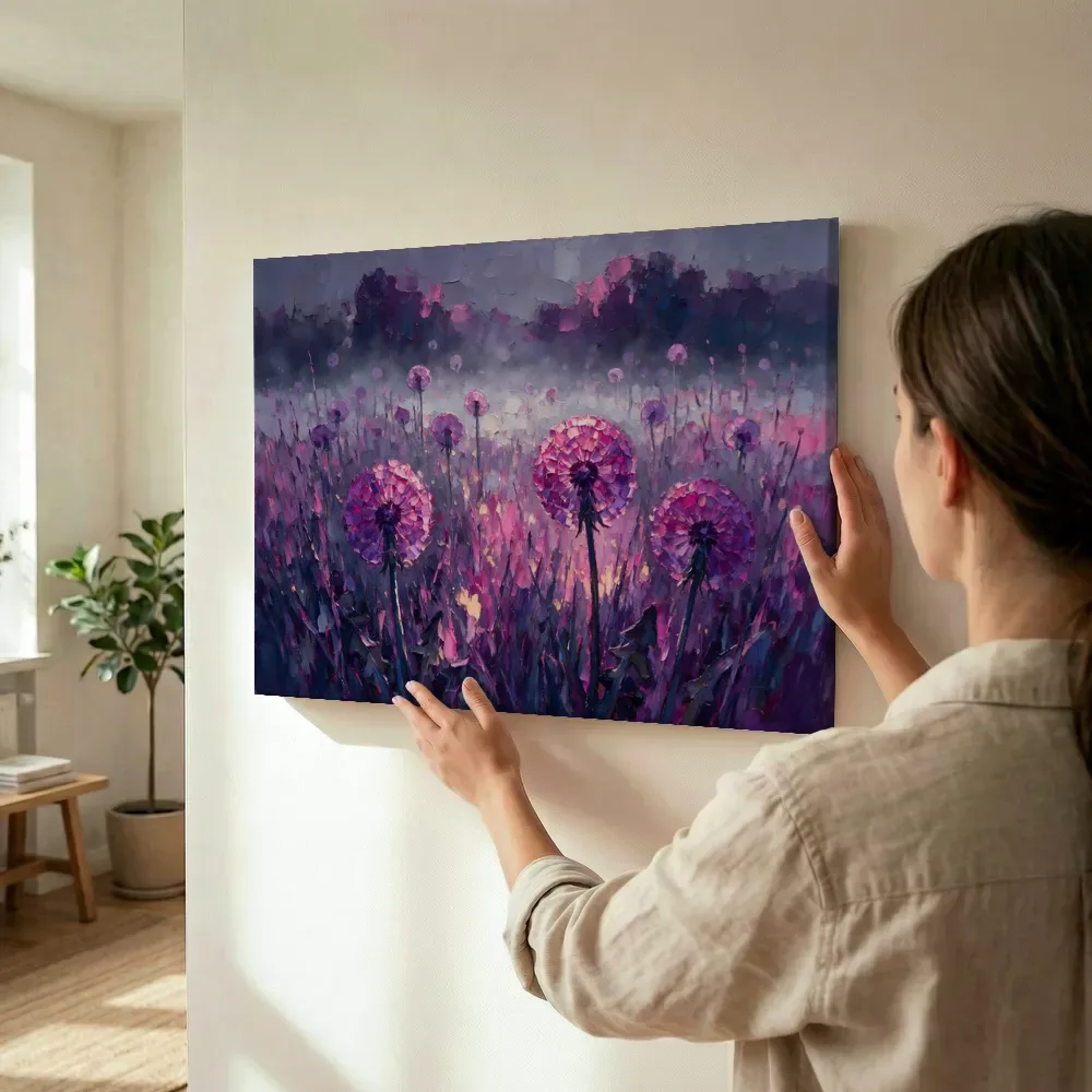 Sfeerimpressie: Paardenbloem in de weide in violet terwijl het wordt opgehangen