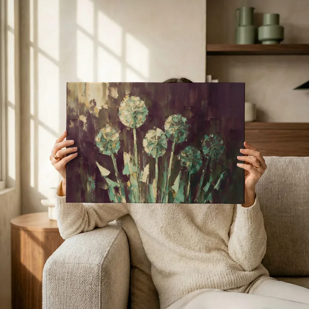 Sfeerimpressie: Paardenbloem in groepjes in zeegroen terwijl het omhoog wordt gehouden