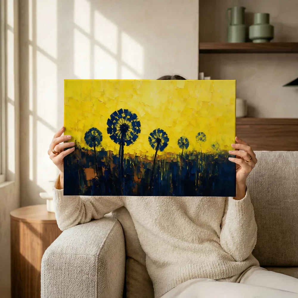 Sfeerimpressie: Paardenbloem in het landschap in blauwgeel terwijl het omhoog wordt gehouden