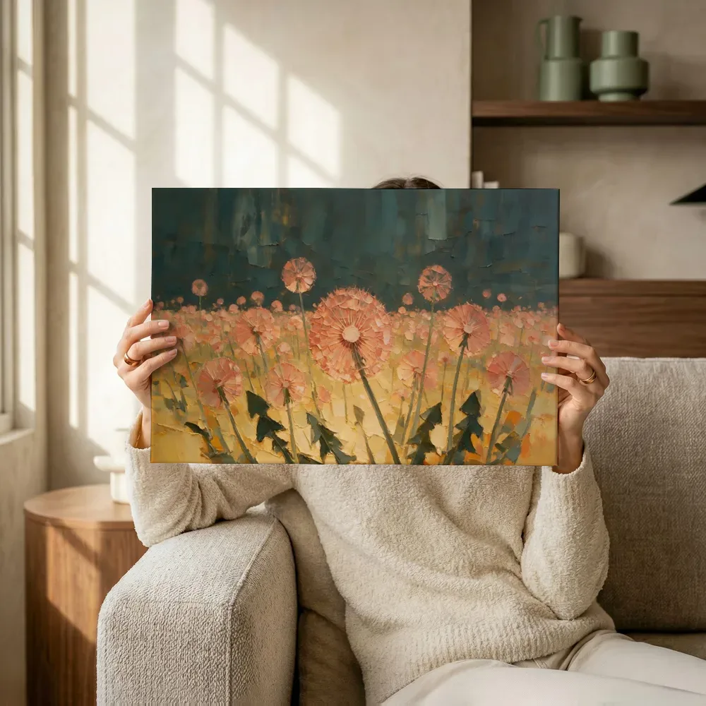 Sfeerimpressie: Paardenbloem in het landschap in koraal terwijl het omhoog wordt gehouden