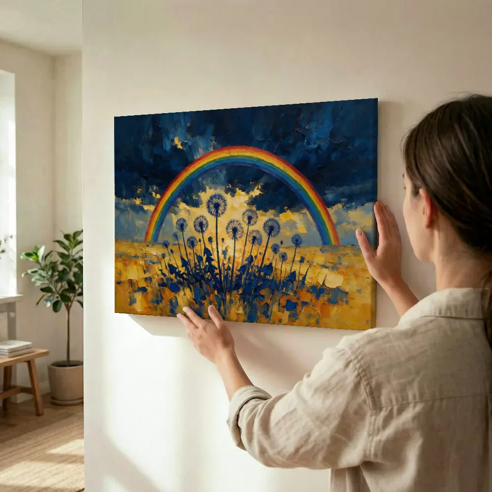 Sfeerimpressie: Paardenbloem onder een storm in blauwgeel terwijl het wordt opgehangen
