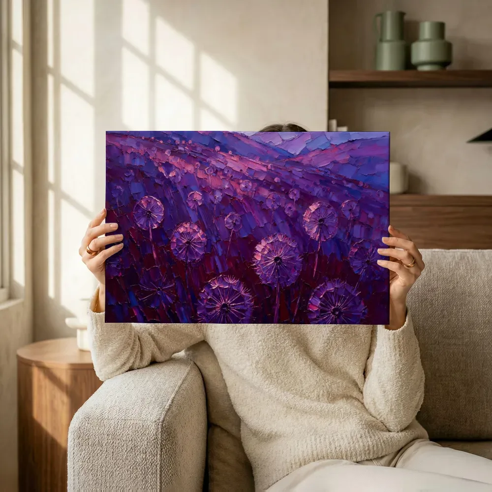 Sfeerimpressie: Paardenbloem op de helling in violet terwijl het omhoog wordt gehouden