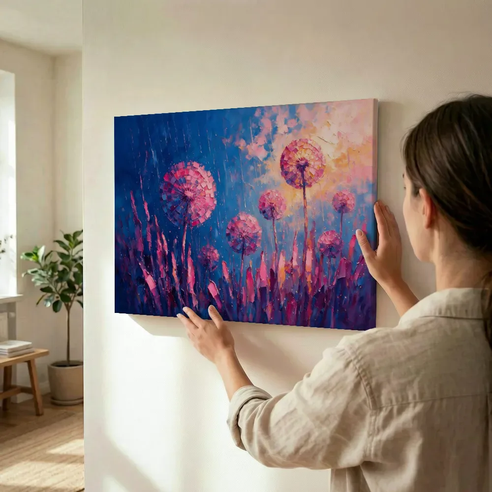 Sfeerimpressie: Paardenbloem tegen de lucht in fuchsia terwijl het wordt opgehangen
