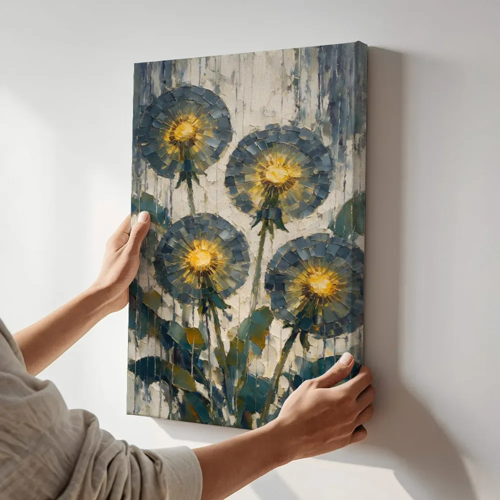 Sfeerimpressie: Paardenbloem van dichtbij in leisteen terwijl het aan de muur wordt gehangen