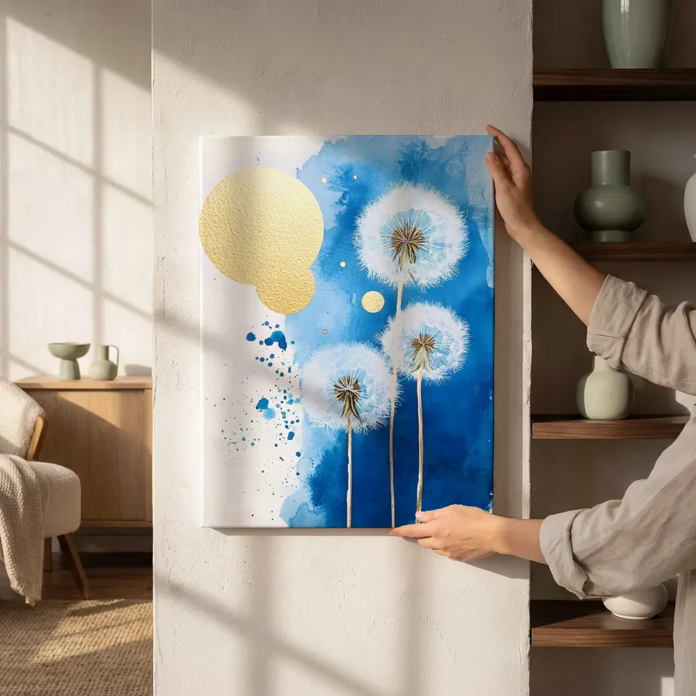 Sfeerimpressie: Paardenbloemen in blauw en goud naast de kast