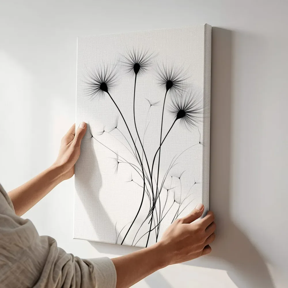 Sfeerimpressie: Paardenbloemen silhouet met zwevende pluizen terwijl het aan de muur wordt gehangen
