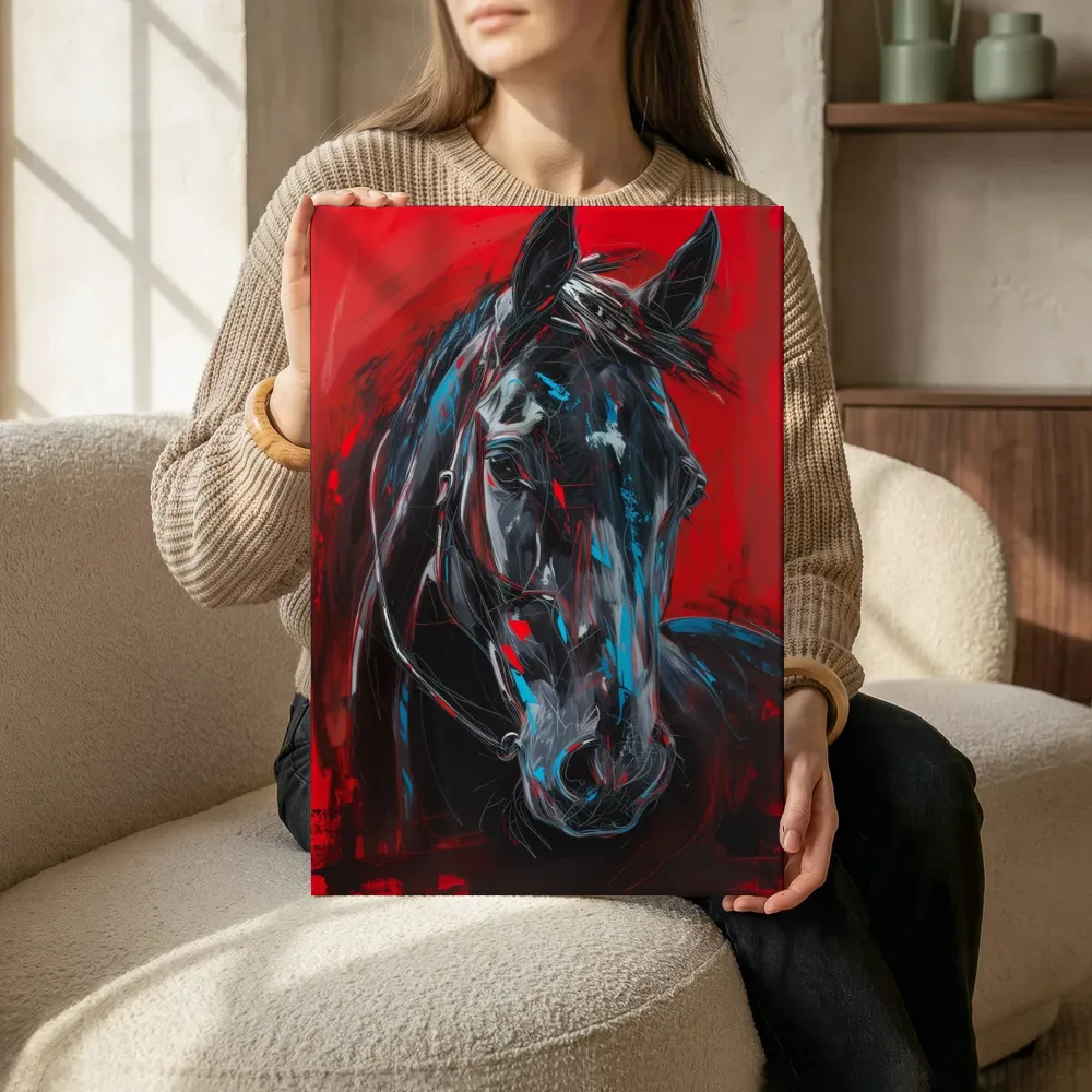 Sfeerimpressie: Paardenkop in pop-art stijl terwijl het zittend wordt getoond
