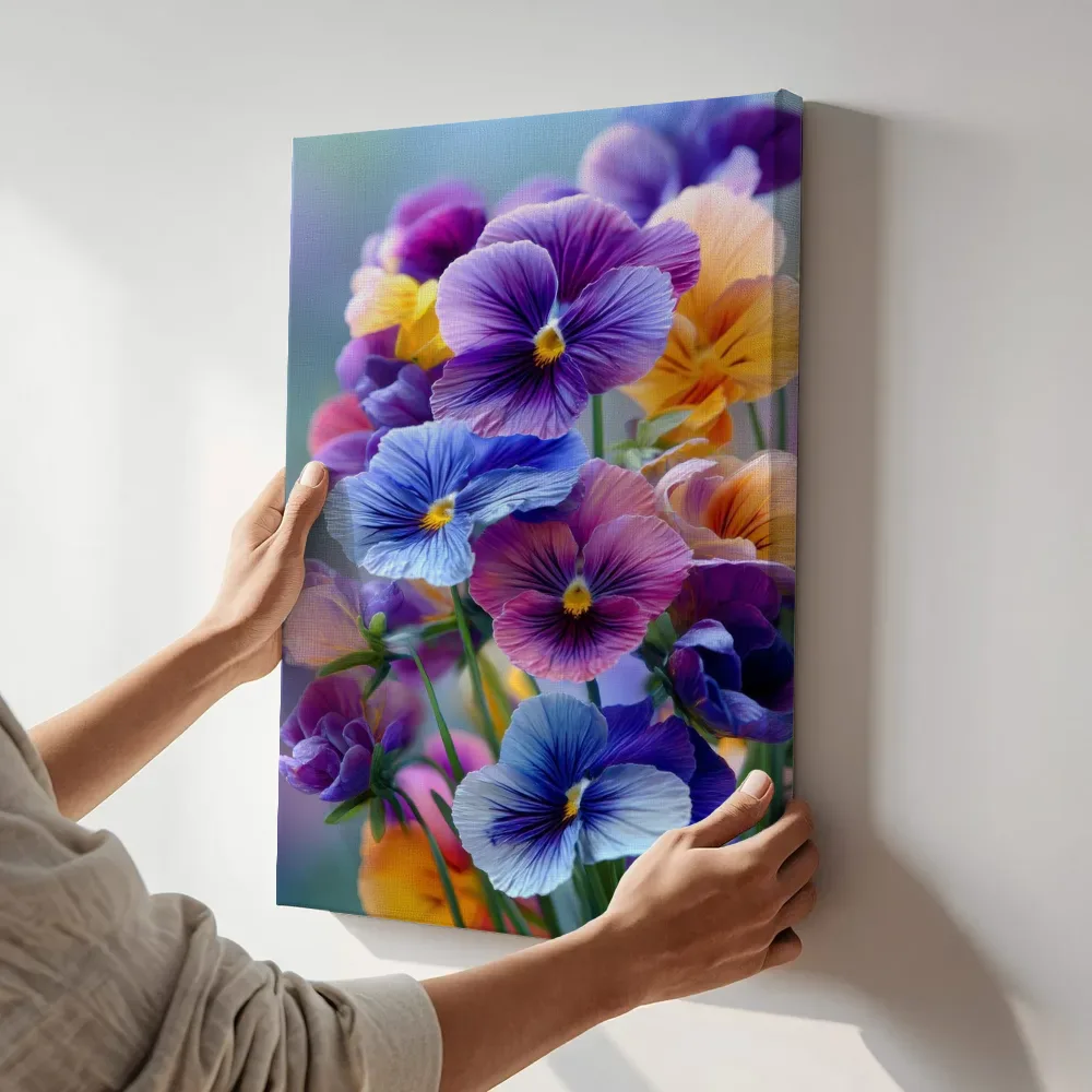 Sfeerimpressie: Paars en geel viooltjesboeket terwijl het aan de muur wordt gehangen