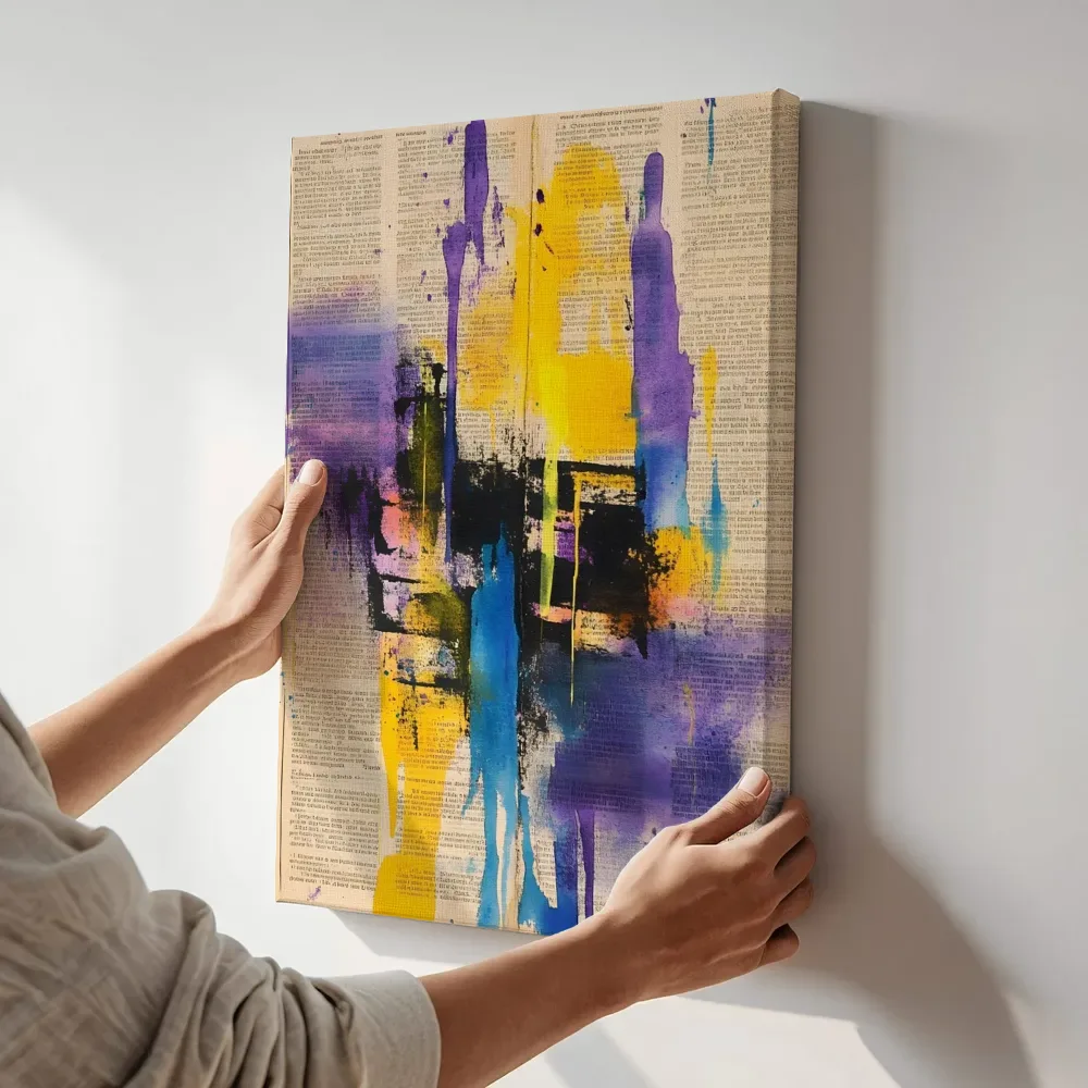 Sfeerimpressie: Paars geel boekpagina drip terwijl het aan de muur wordt gehangen