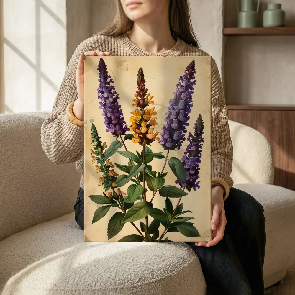 Sfeerimpressie: Paars-gele bloemenspikes botanische prent terwijl het zittend wordt getoond