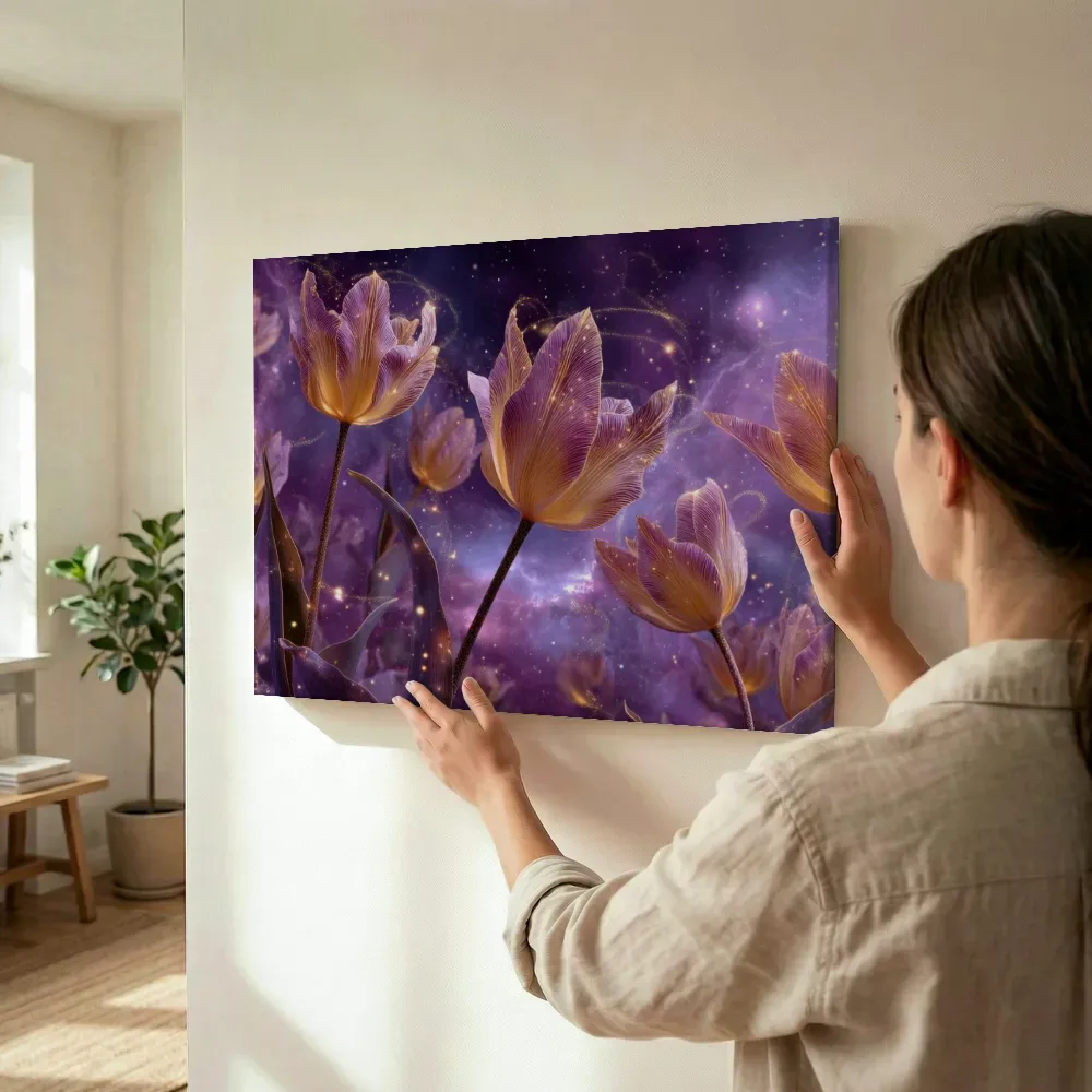 Sfeerimpressie: Paars-gouden tulpenveld in de ruimte terwijl het wordt opgehangen