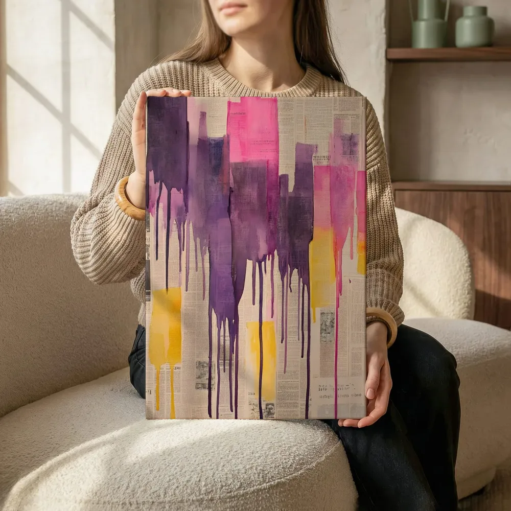Sfeerimpressie: Paars roze drip collage op krantenpapier terwijl het zittend wordt getoond