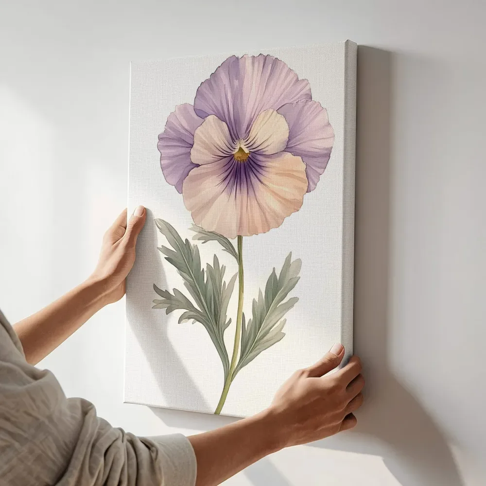 Sfeerimpressie: Paars-roze viooltje aquarel terwijl het aan de muur wordt gehangen