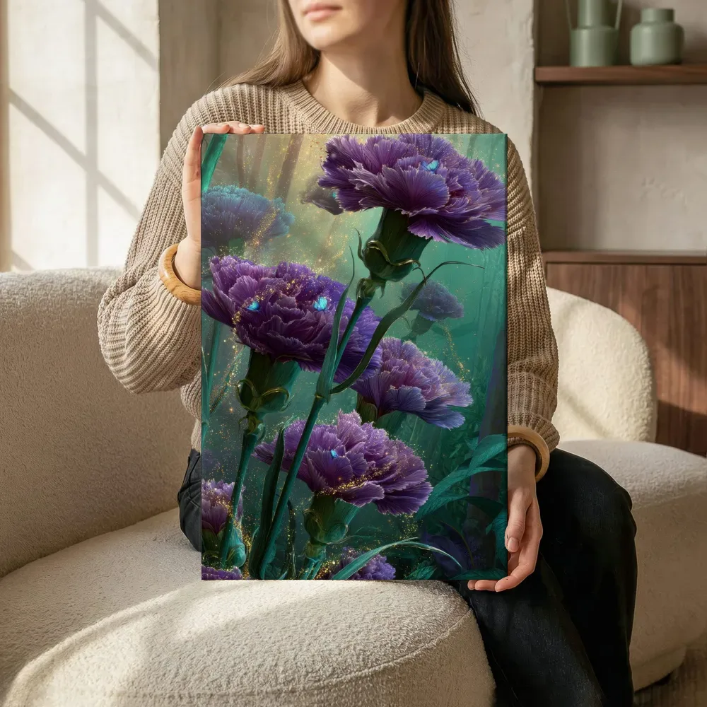 Sfeerimpressie: Paarse anjers in het sprankelend woud terwijl het zittend wordt getoond