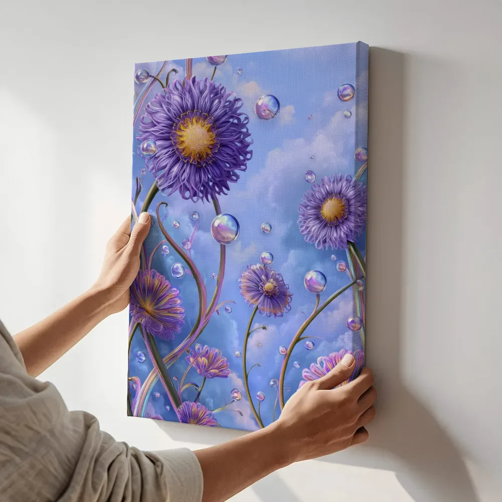 Sfeerimpressie: Paarse asters in de wolkenlucht terwijl het aan de muur wordt gehangen