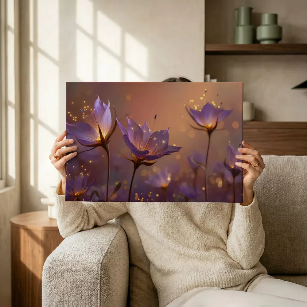 Sfeerimpressie: Paarse avondbloemen in gouden gloed terwijl het omhoog wordt gehouden