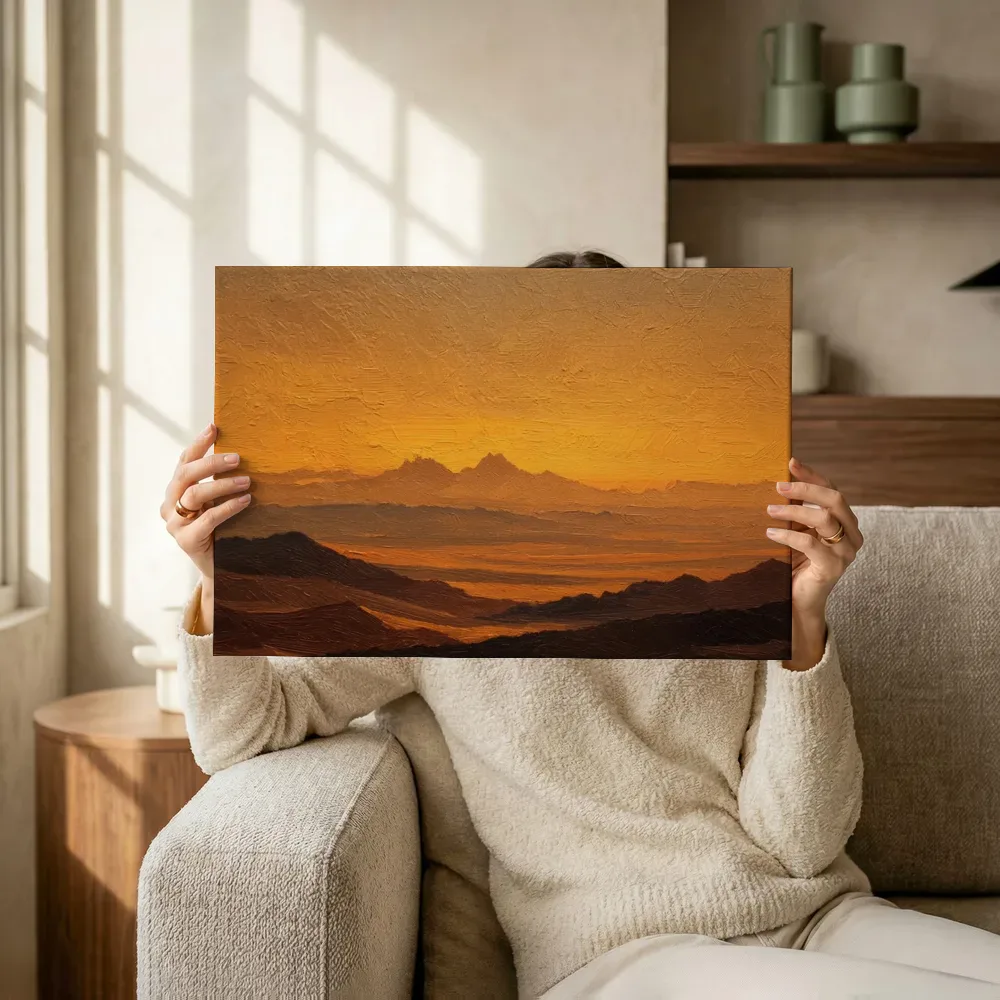 Sfeerimpressie: Paarse bergketen bij zonsondergang terwijl het omhoog wordt gehouden