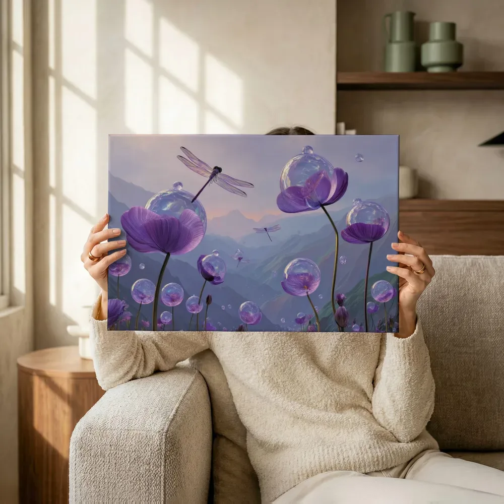 Sfeerimpressie: Paarse bloemen in glazen bollen terwijl het omhoog wordt gehouden