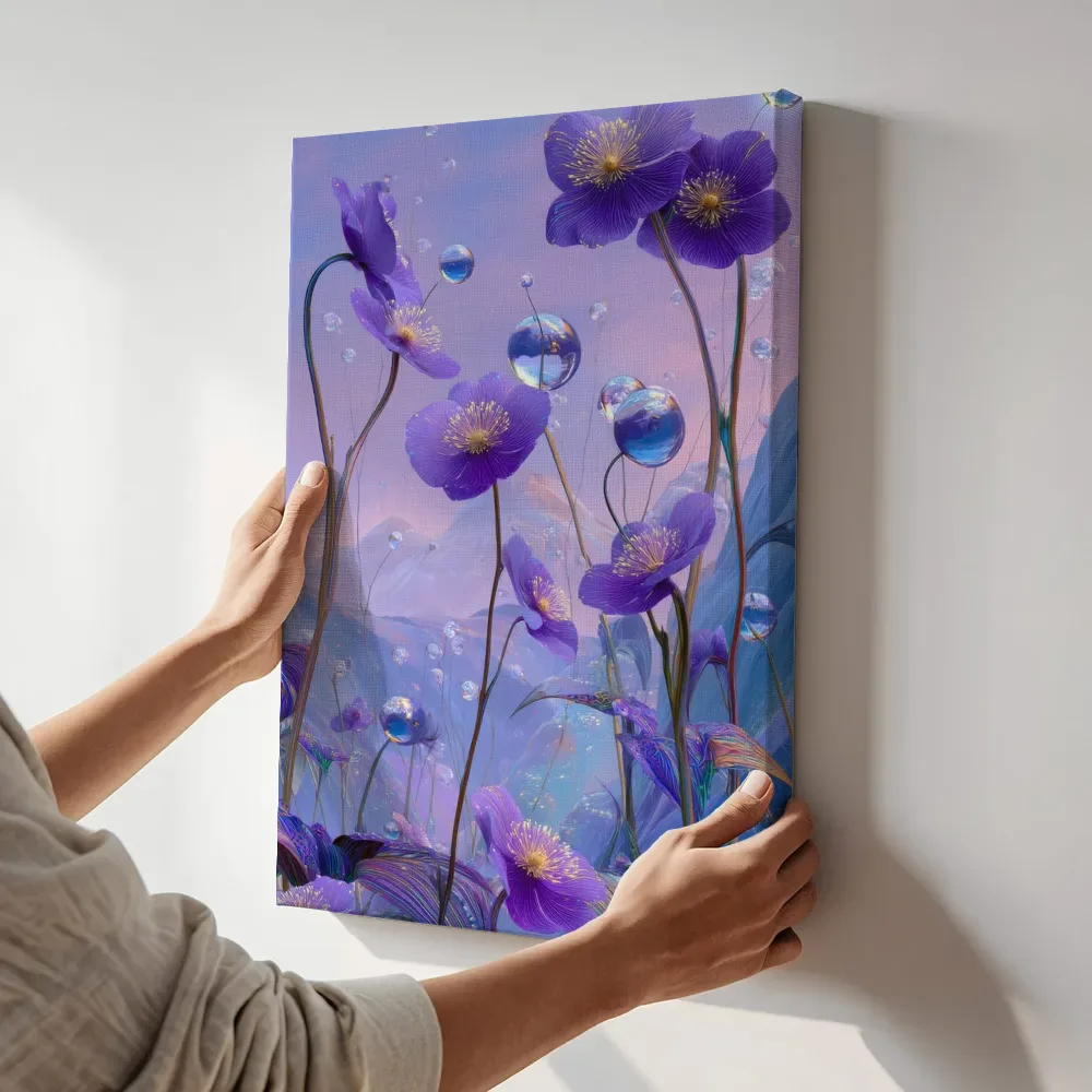 Sfeerimpressie: Paarse bloemen tussen zeepbellen naast de kast