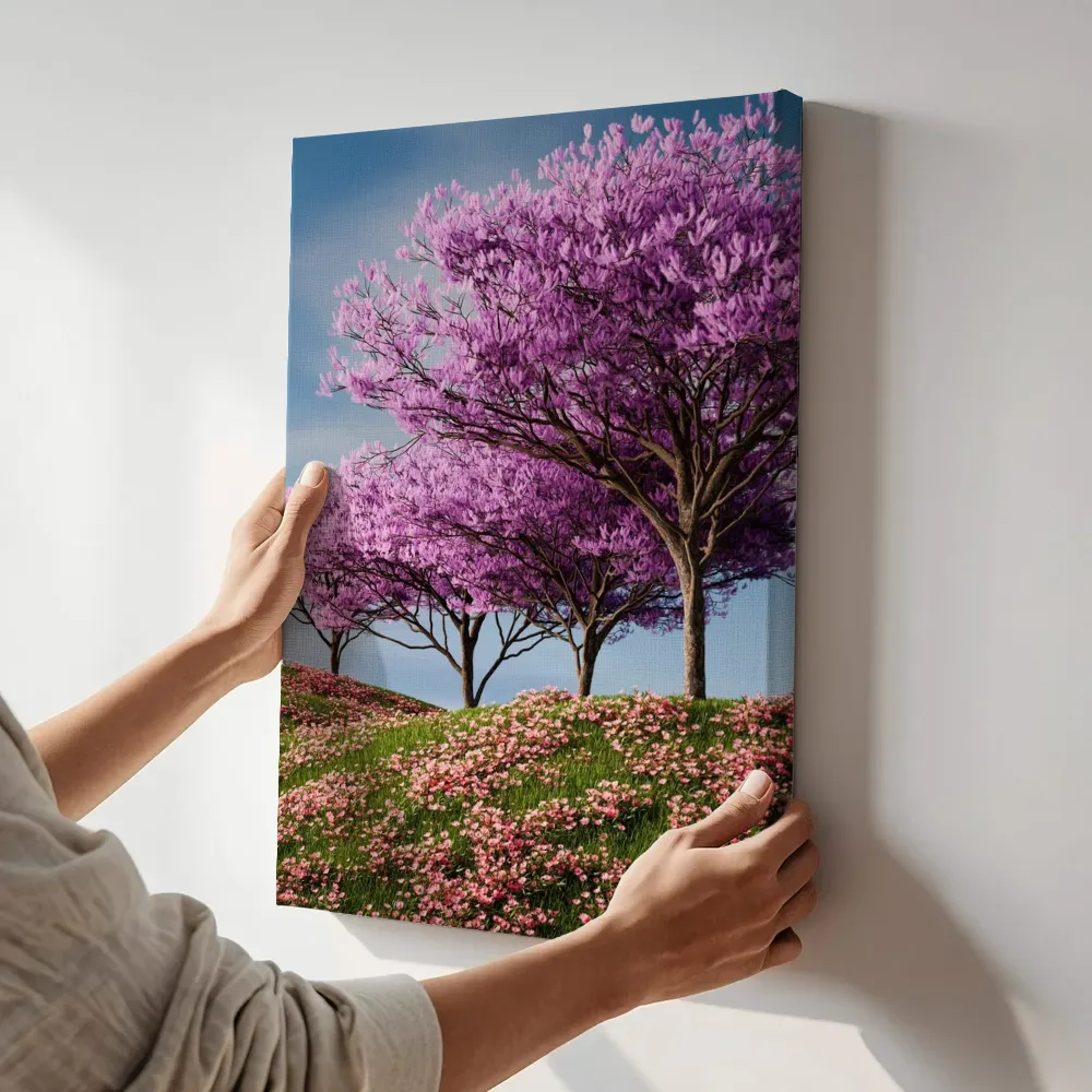 Sfeerimpressie: Paarse bloesembomen op bloementapijt terwijl het aan de muur wordt gehangen