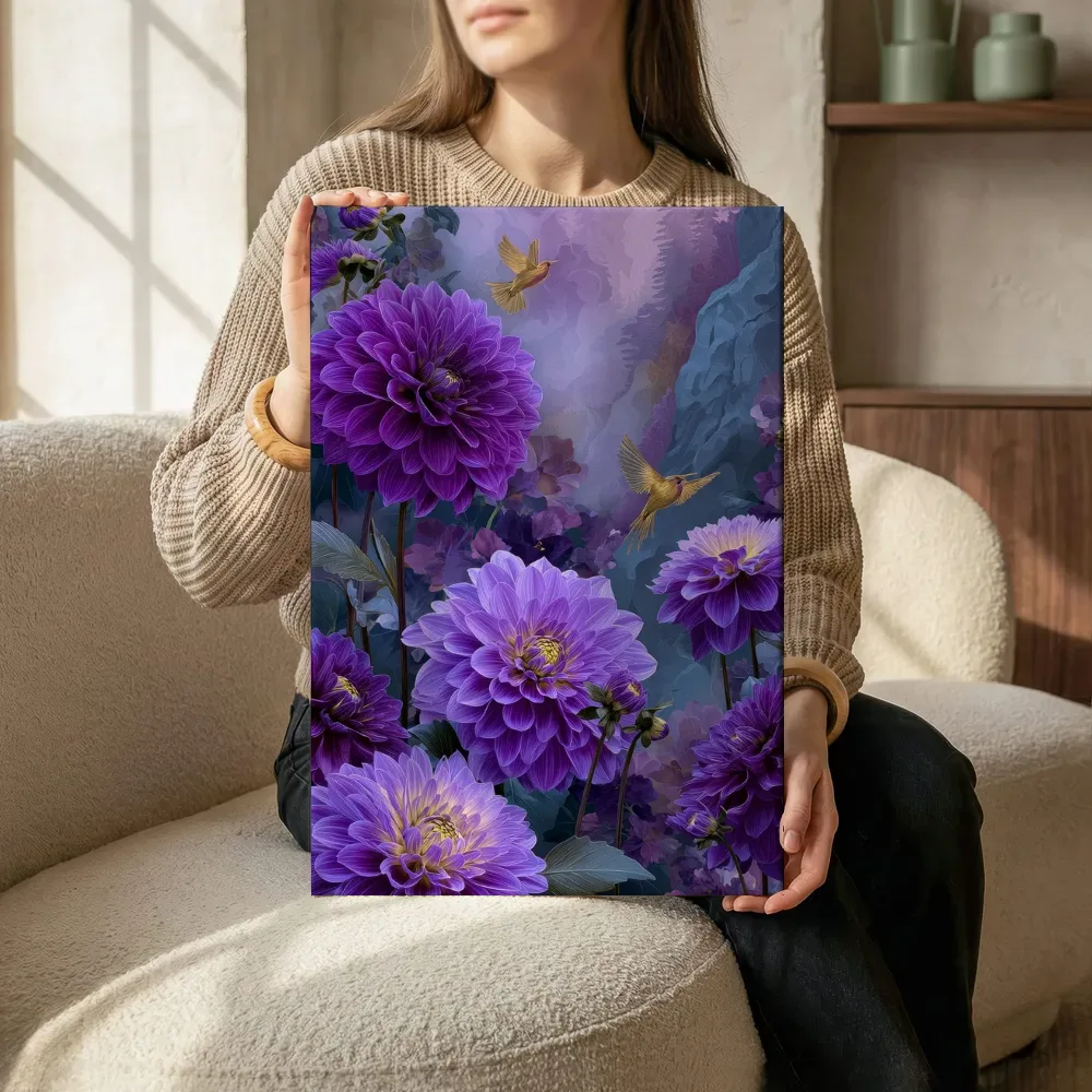 Sfeerimpressie: Dahlia's en gouden kolibries terwijl het zittend wordt getoond