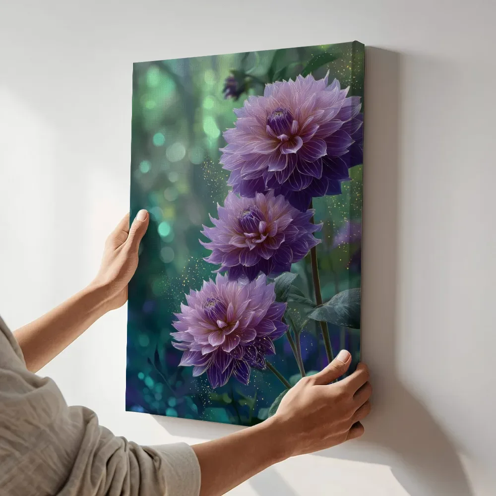 Sfeerimpressie: Paarse dahlia's op teal naast de kast