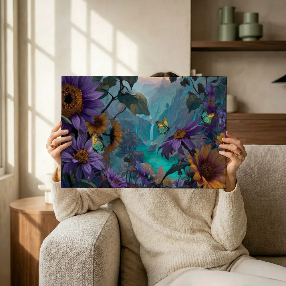 Sfeerimpressie: Paarse en gouden bloemen boven het turquoise dal terwijl het wordt opgehangen