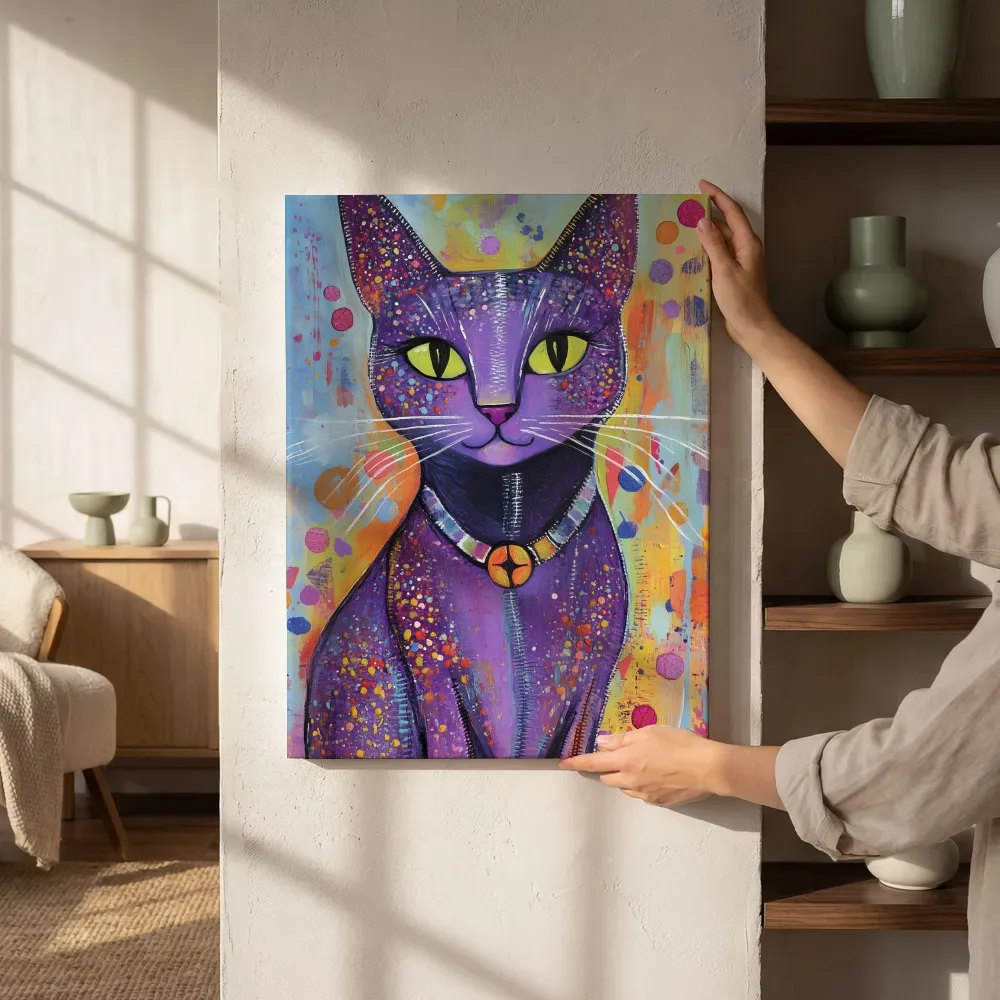 Sfeerimpressie: Paarse glitter kat met medaillon naast de kast