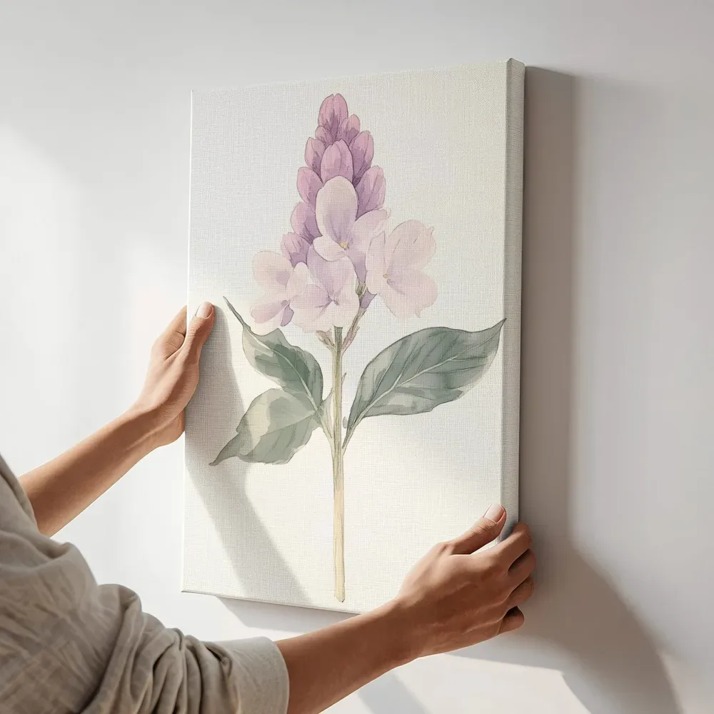Sfeerimpressie: Paarse hyacint aquarel terwijl het aan de muur wordt gehangen