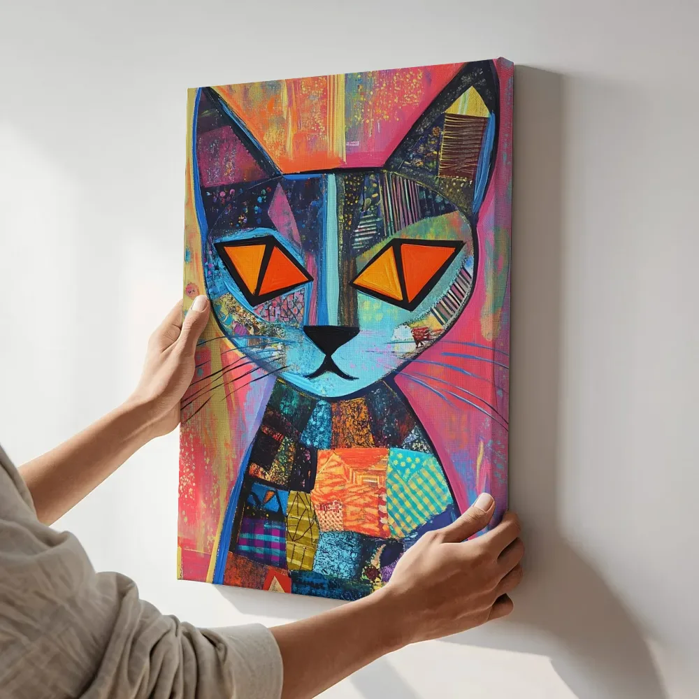 Sfeerimpressie: Patchwork kat in blauw en roze schilderij terwijl het aan de muur wordt gehangen