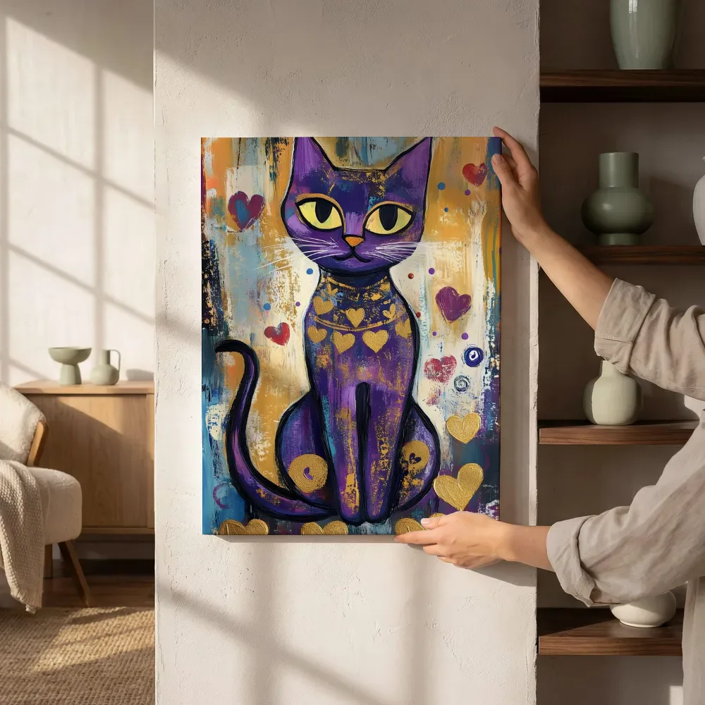 Sfeerimpressie: Paarse kat met gouden hartjes schilderij naast de kast