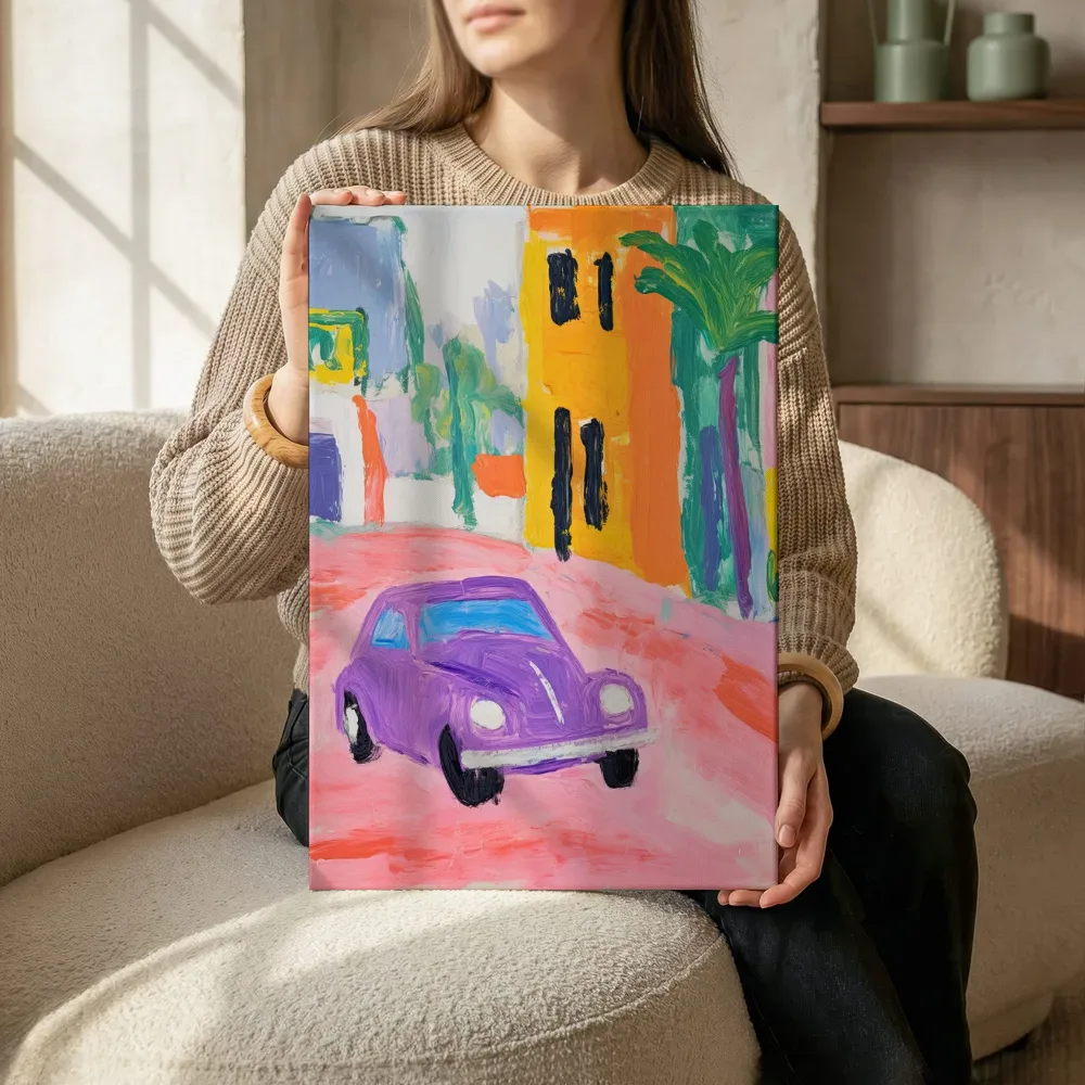 Sfeerimpressie: Paarse kever in kleurrijke straat terwijl het zittend wordt getoond