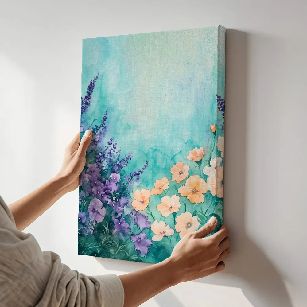 Sfeerimpressie: Paarse lupines en perzikkleurige papavers terwijl het aan de muur wordt gehangen