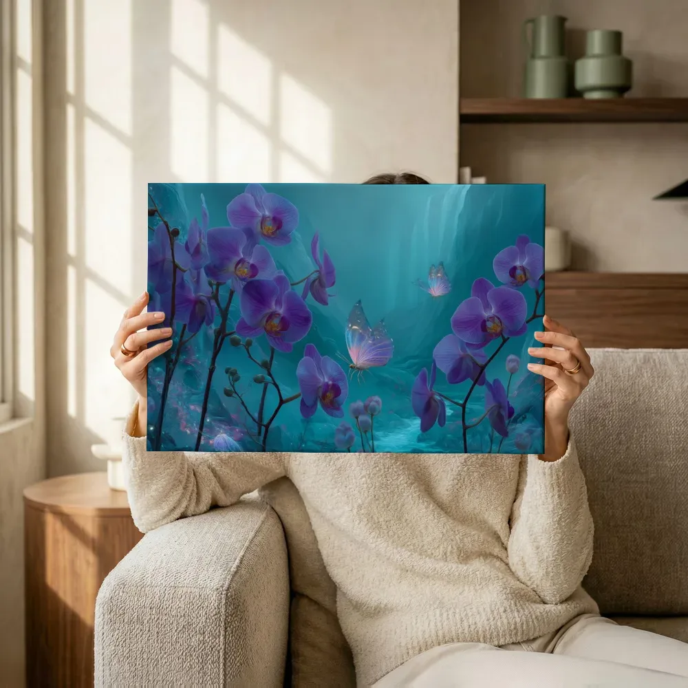 Sfeerimpressie: Paarse orchideeën bij de waterval terwijl het omhoog wordt gehouden