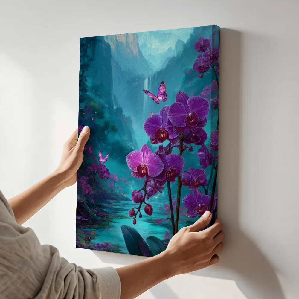 Sfeerimpressie: Paarse orchideeën in het nevelwoud terwijl het aan de muur wordt gehangen