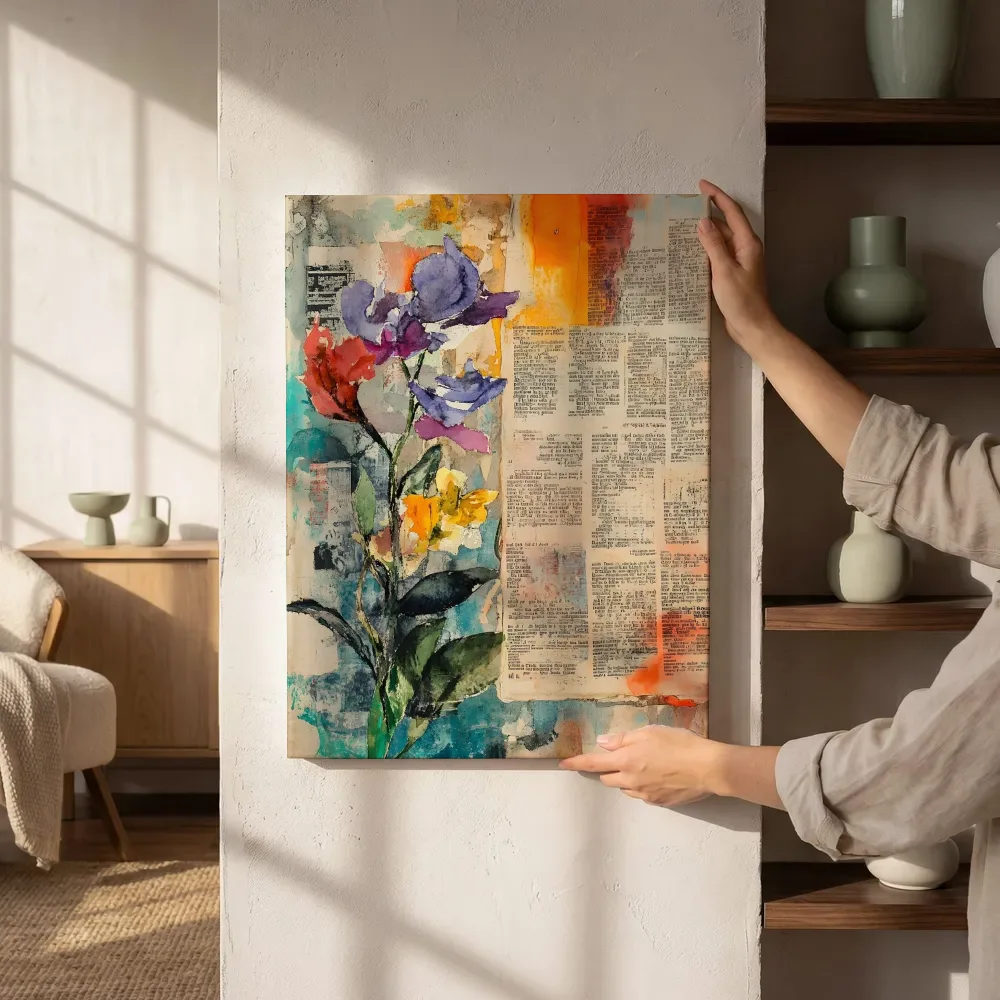 Sfeerimpressie: Paarse rode bloemen collage naast de kast