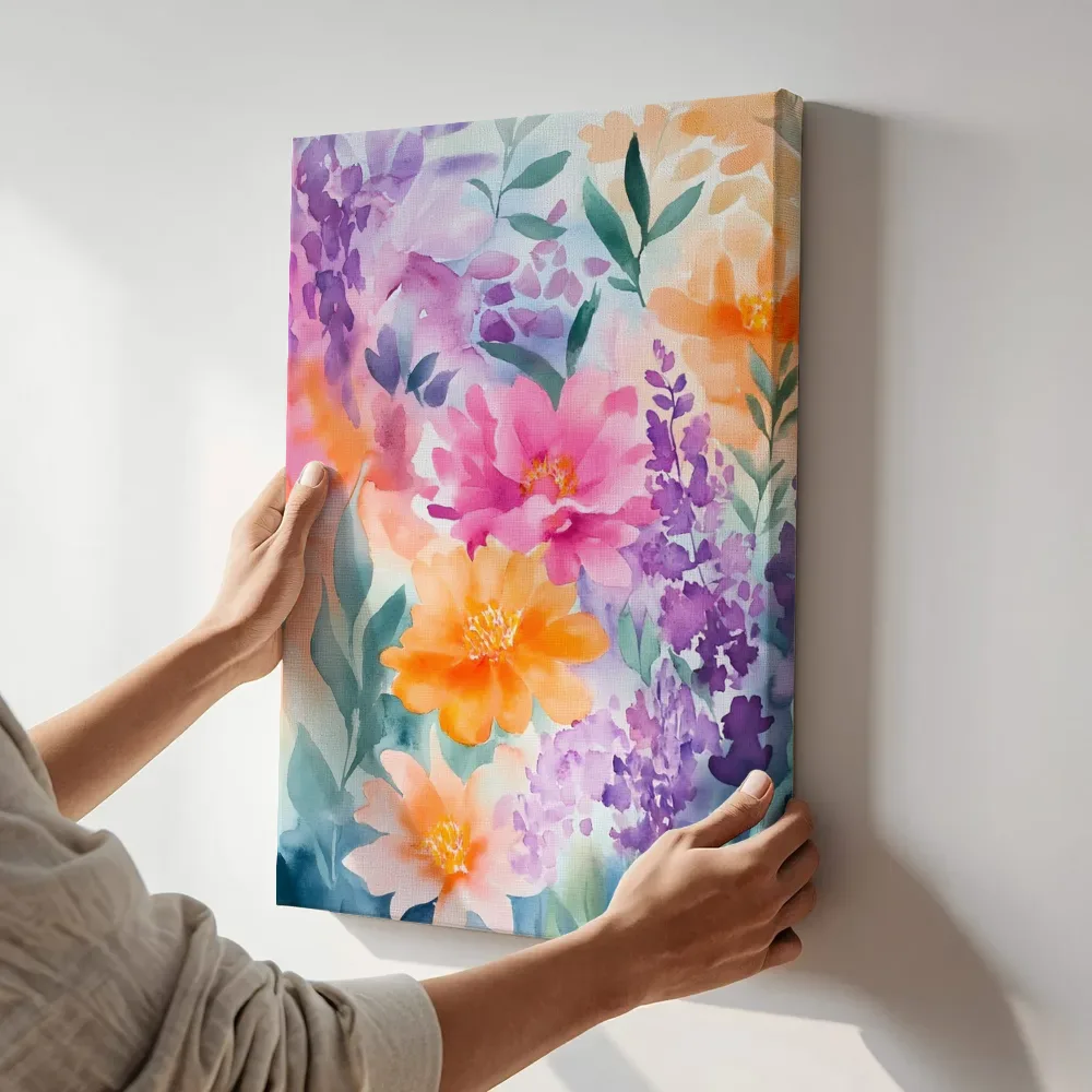Sfeerimpressie: Paarse en roze bloementuin terwijl het aan de muur wordt gehangen