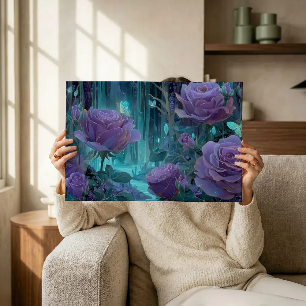 Sfeerimpressie: Paarse rozen in het turquoise ravijn terwijl het omhoog wordt gehouden