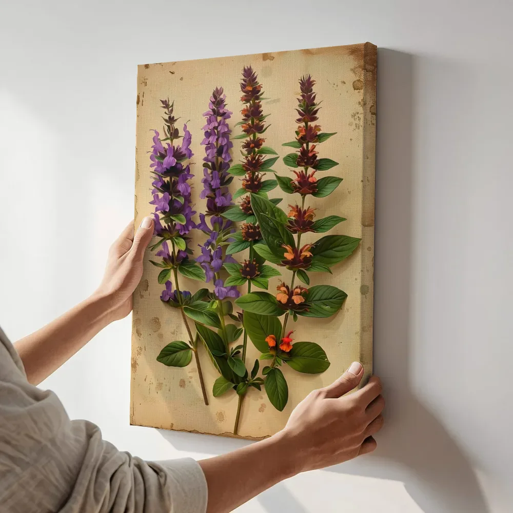 Sfeerimpressie: Paarse salie botanische prent terwijl het aan de muur wordt gehangen