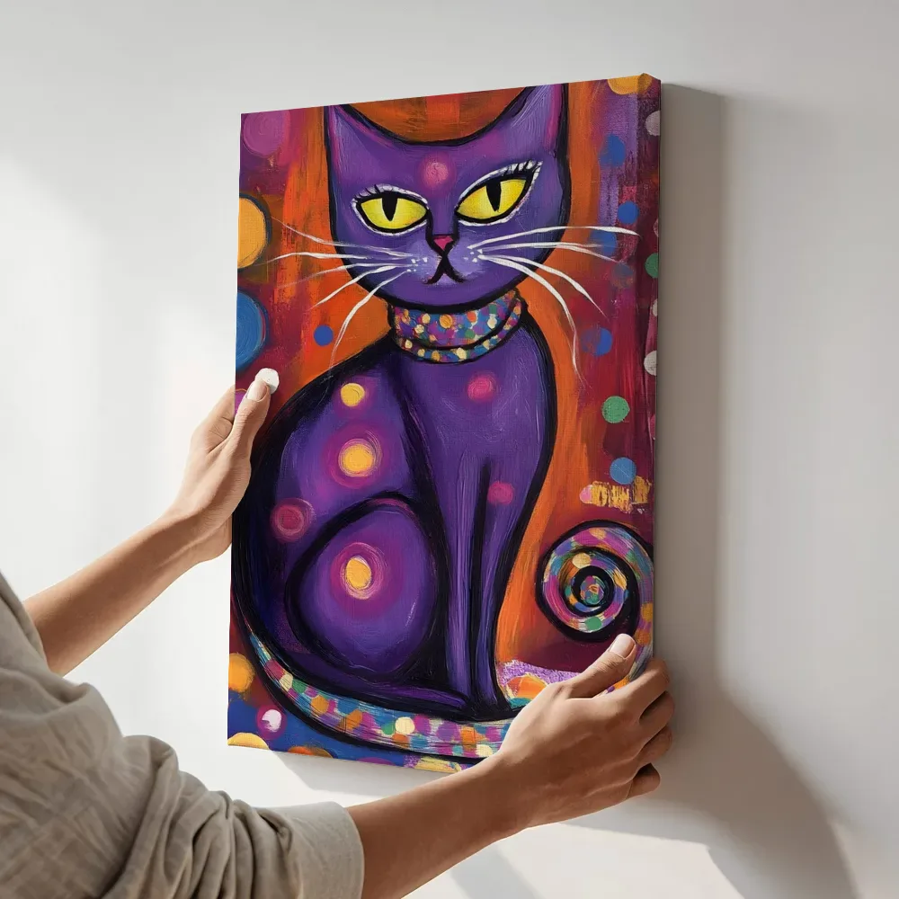 Sfeerimpressie: Paarse stippen kat terwijl het aan de muur wordt gehangen