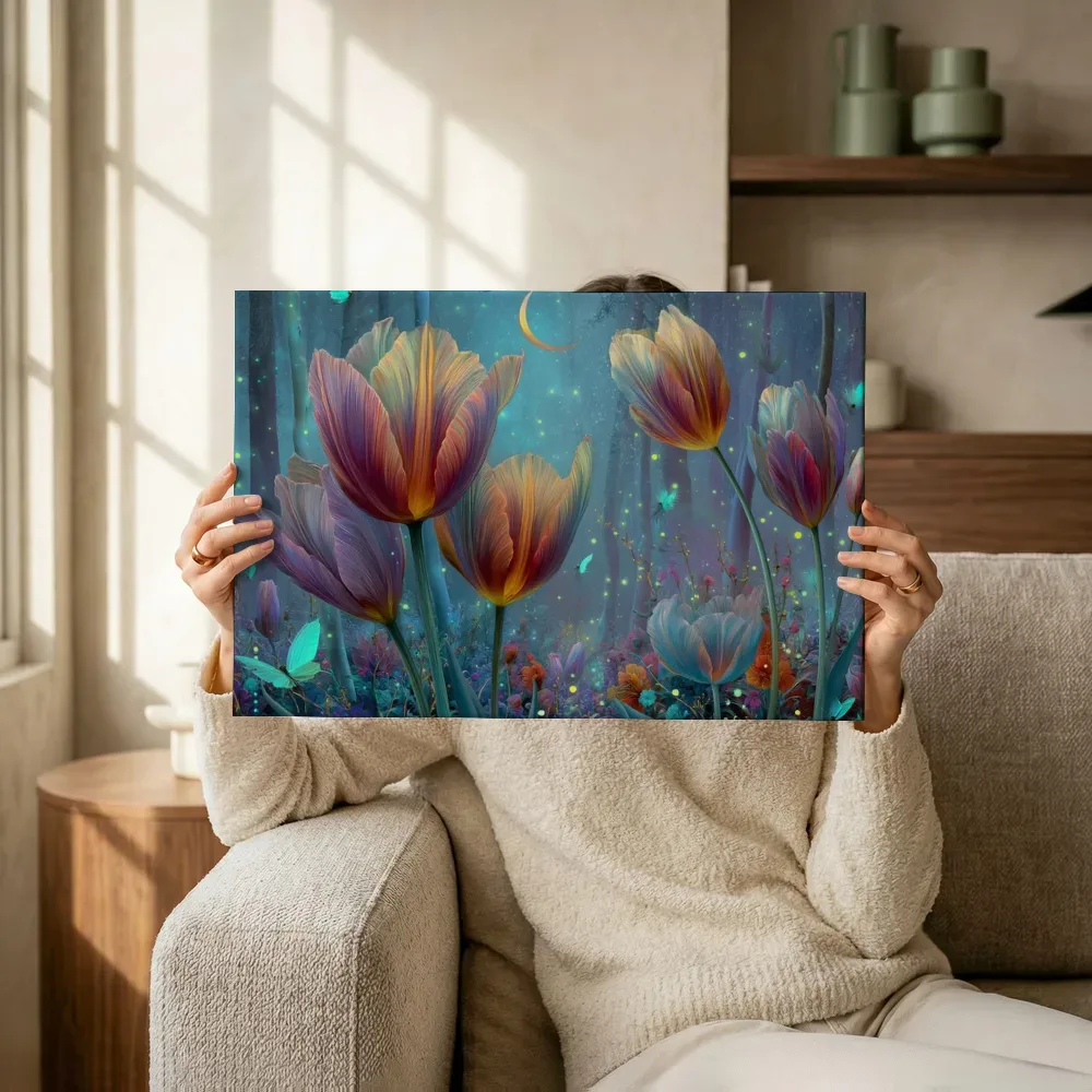 Sfeerimpressie: Paarse tulpen in het sprookjesbos terwijl het omhoog wordt gehouden