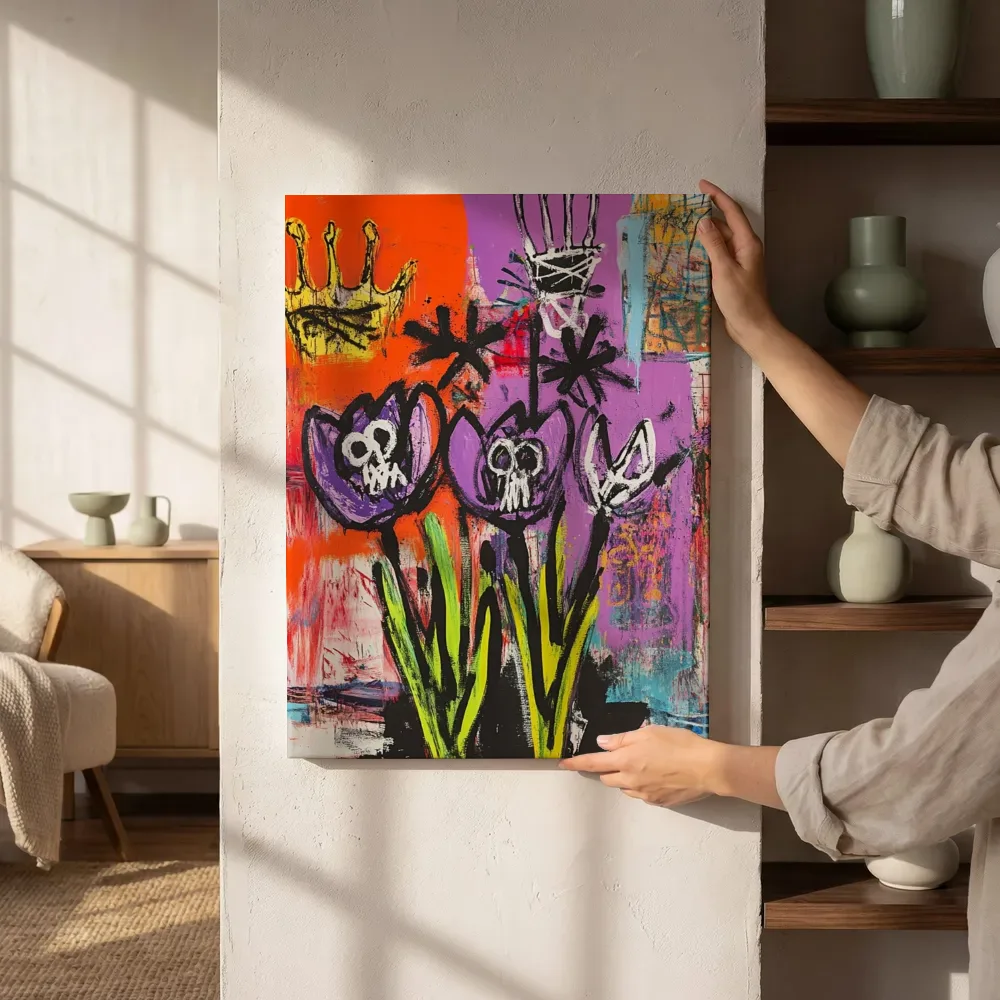 Sfeerimpressie: Paarse tulpen met schedelmotief naast de kast