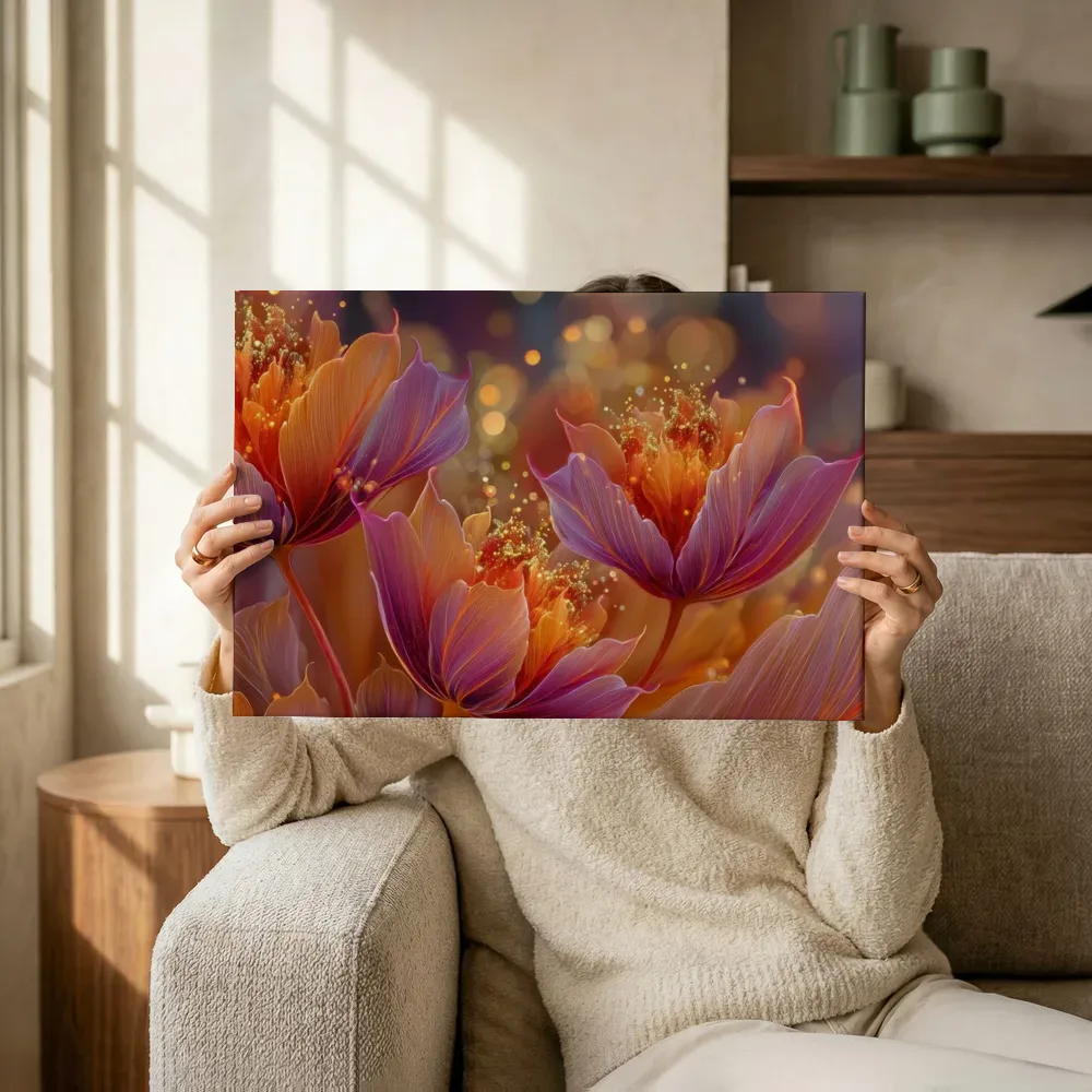 Sfeerimpressie: Paarse vuurbloemen in gouden gloed terwijl het omhoog wordt gehouden