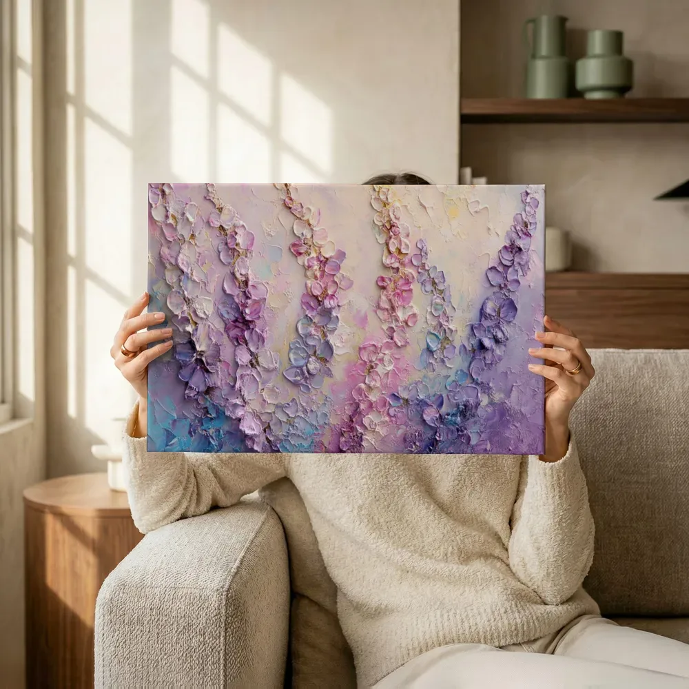 Sfeerimpressie: Paarse wisteria cascade terwijl het omhoog wordt gehouden