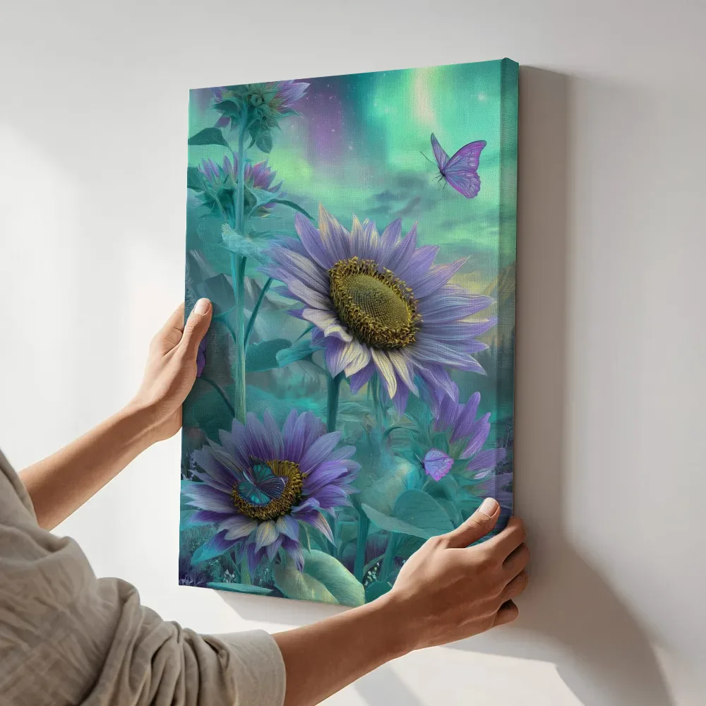 Sfeerimpressie: Zonnebloemen onder het noorderlicht terwijl het aan de muur wordt gehangen