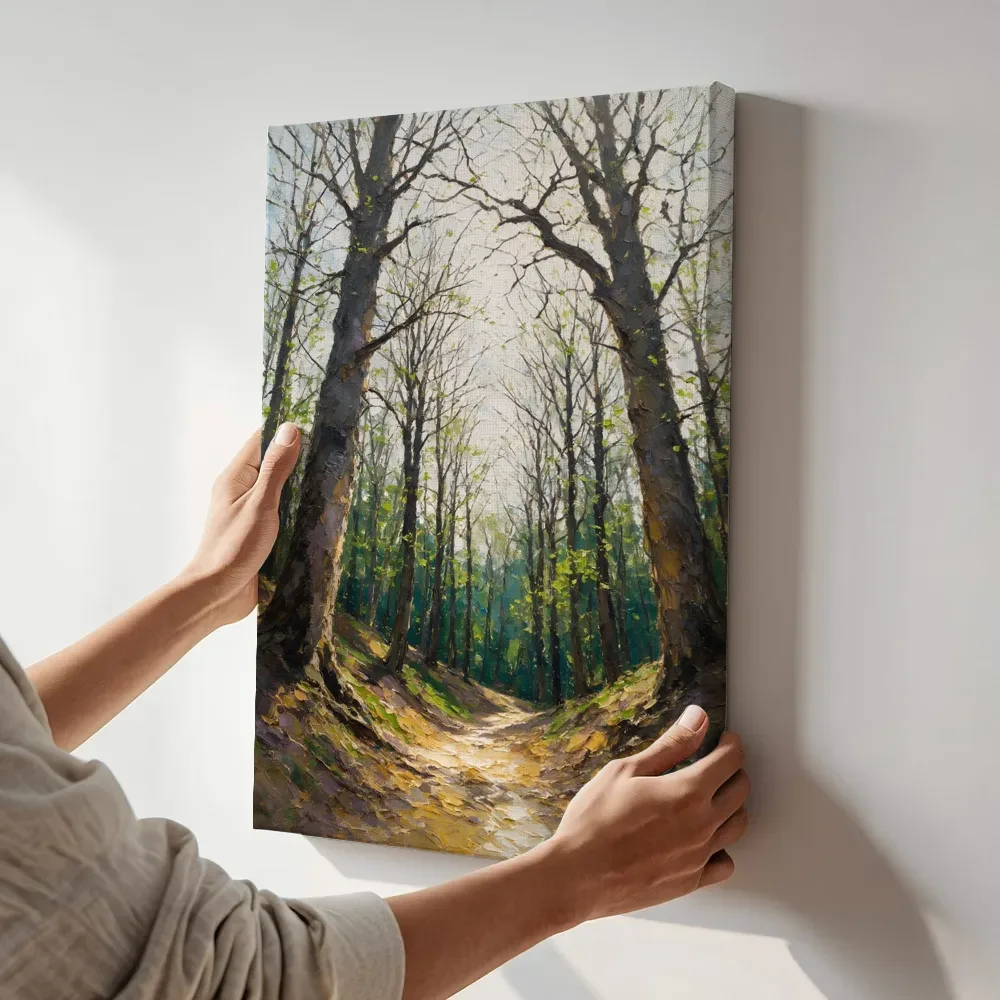 Sfeerimpressie: Pad het bos in in de vroege lente terwijl het aan de muur wordt gehangen