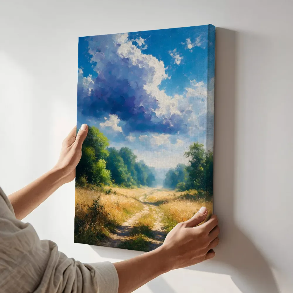 Sfeerimpressie: Pad het bos in in hoogzomer terwijl het aan de muur wordt gehangen