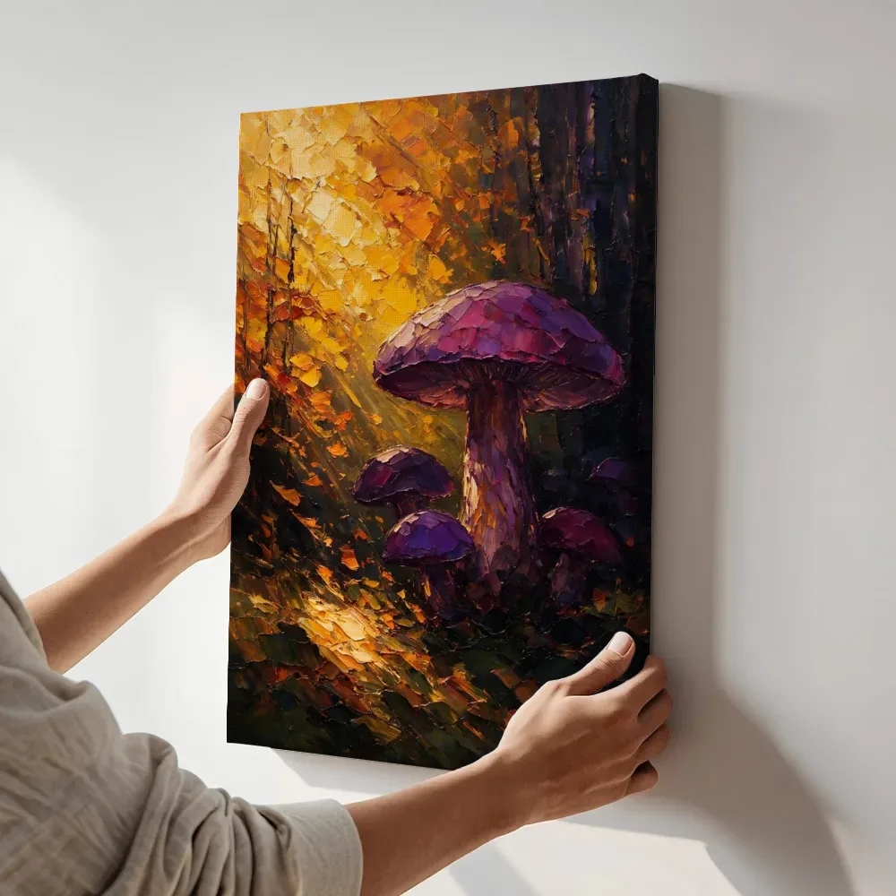 Sfeerimpressie: Paddenstoel aan de bosrand in violet terwijl het aan de muur wordt gehangen