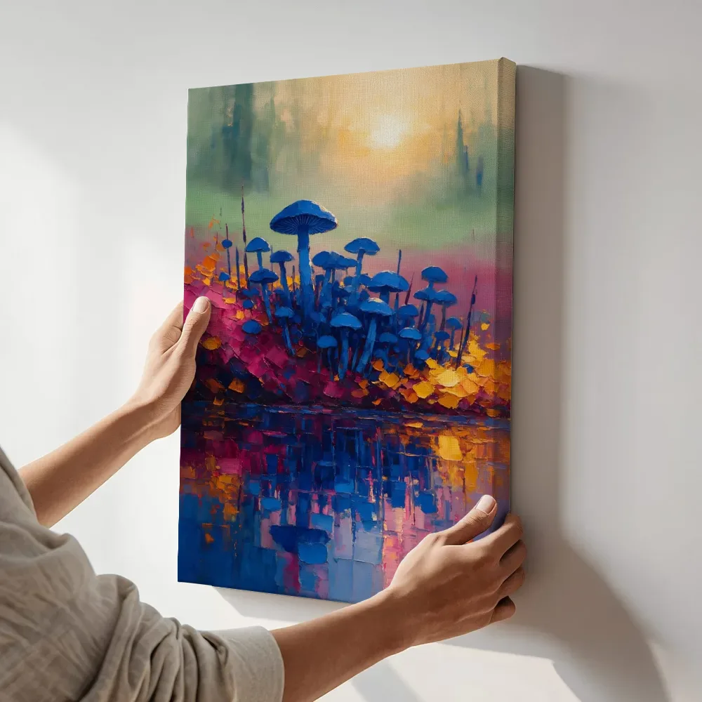 Sfeerimpressie: Paddenstoel aan de oever in kobaltmagenta terwijl het aan de muur wordt gehangen